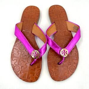 Tory Burch Thora Fuchsia Pink Leather Thong Sandals Metallic Mirror Metal Size 6